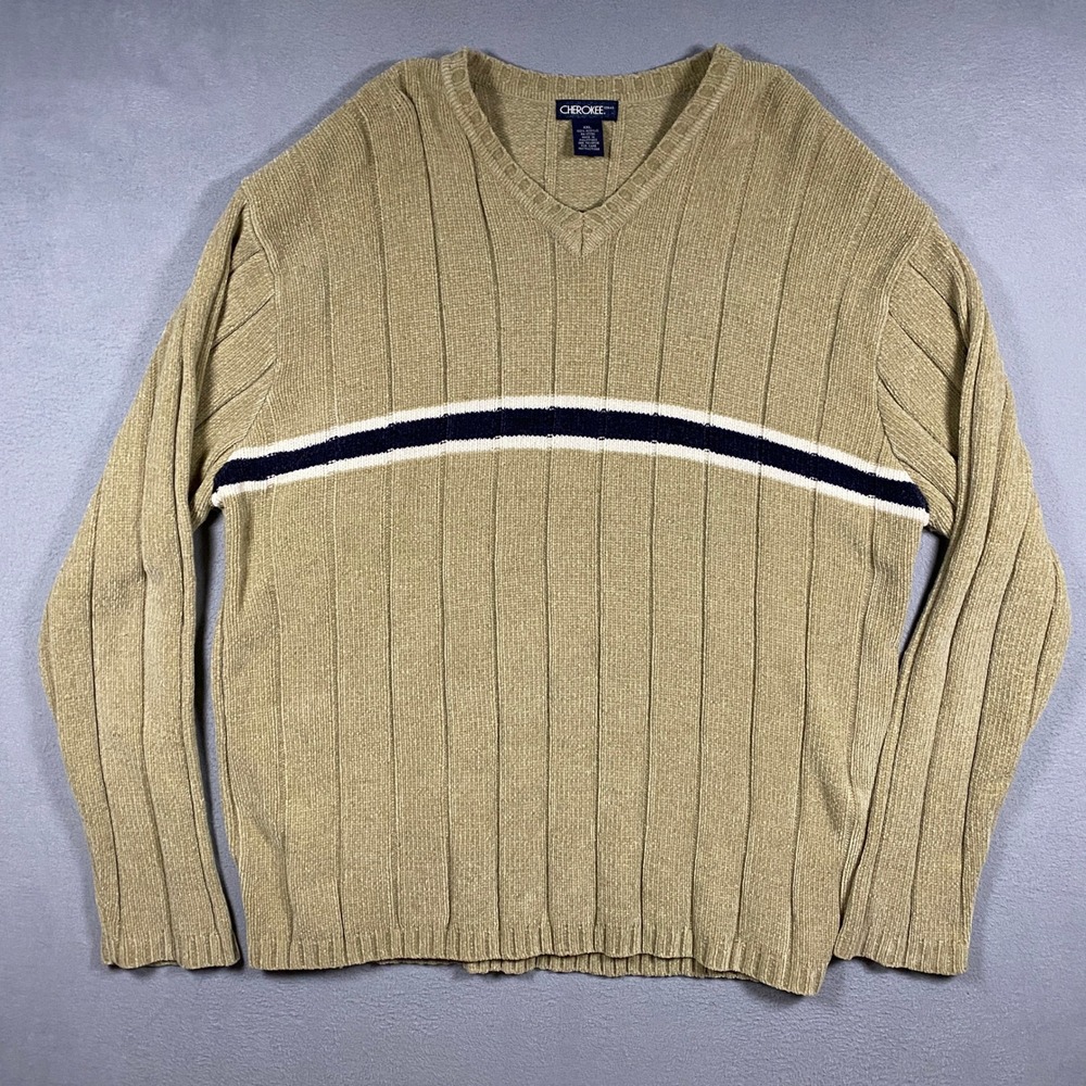 Vintage Cherokee V-Neck Sweater Mens XXL Tan Ribbed Knit Navy Stripe Long Sleeve